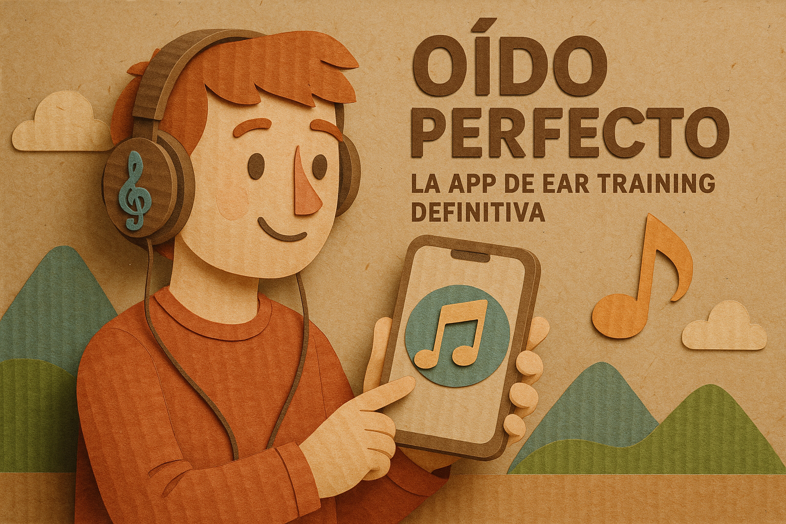 Ilustración de un estudiante con auriculares usando la app Oído Perfecto para entrenamiento auditivo musical