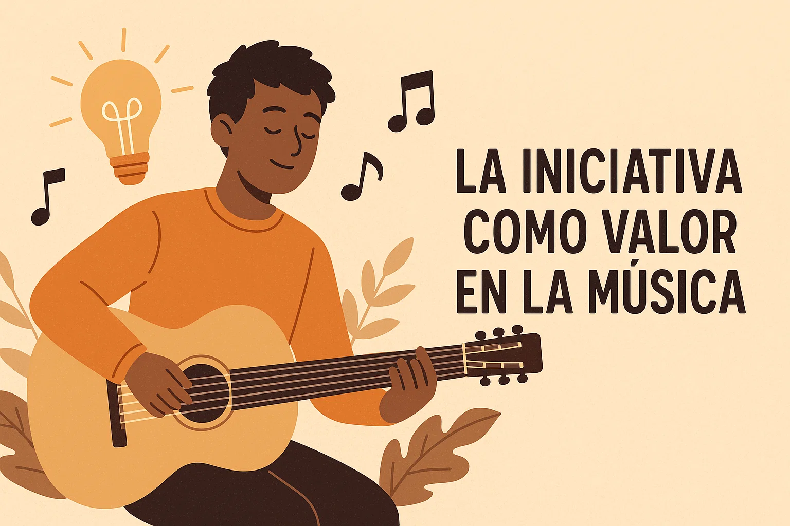 Ilustración minimalista de un alumno tocando la guitarra, simbolizando la iniciativa como valor en la música.