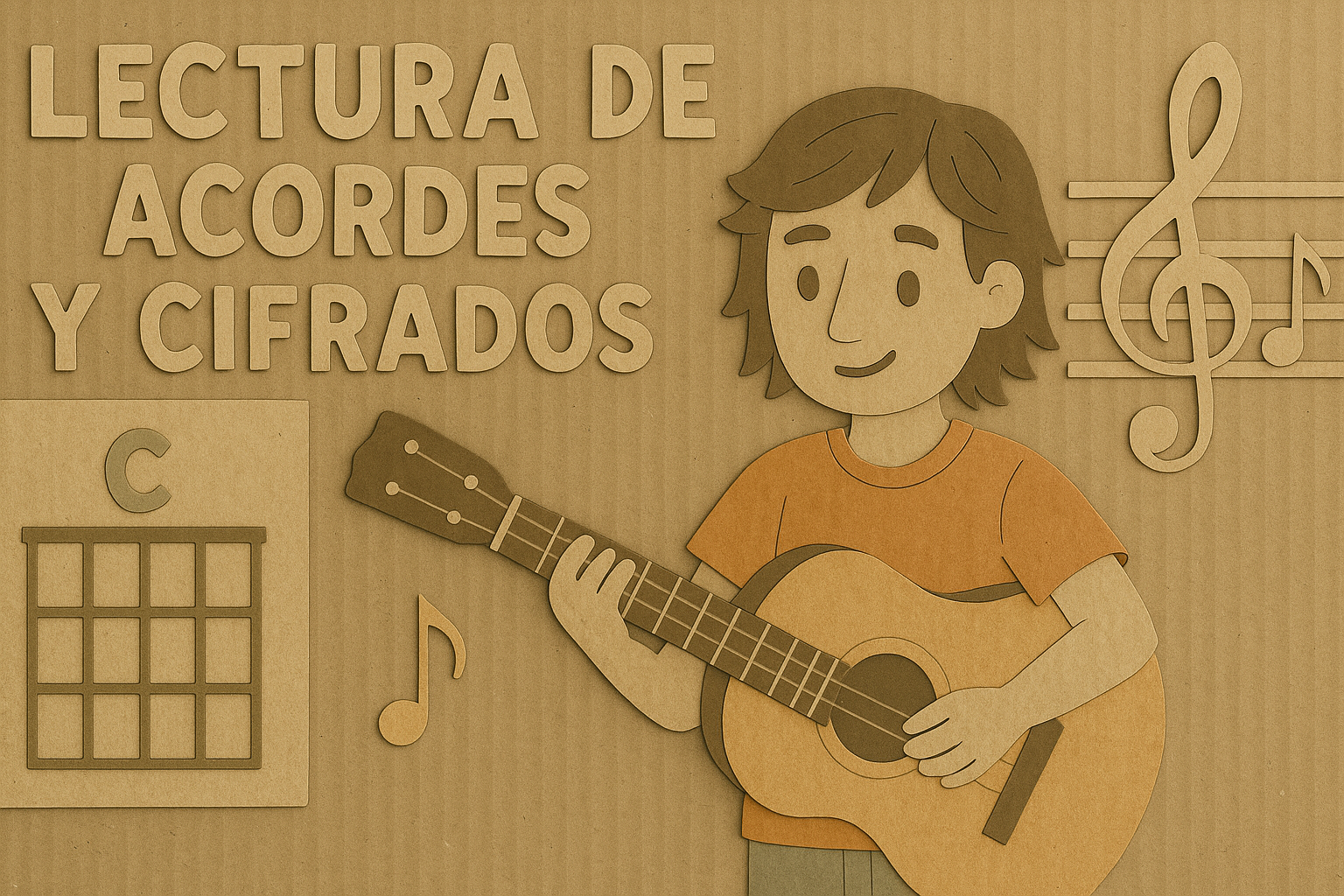 Ilustración minimalista de un niño tocando la guitarra con acordes y cifrados musicales